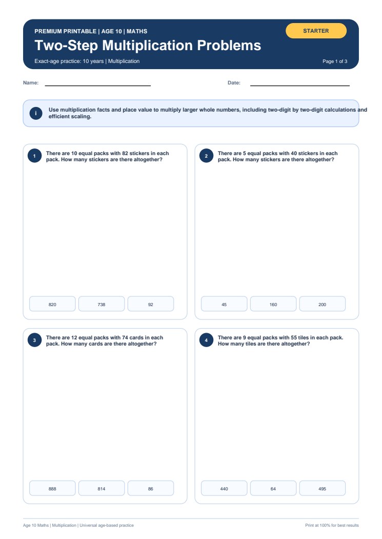 Two-Step Multiplication Problems worksheet preview