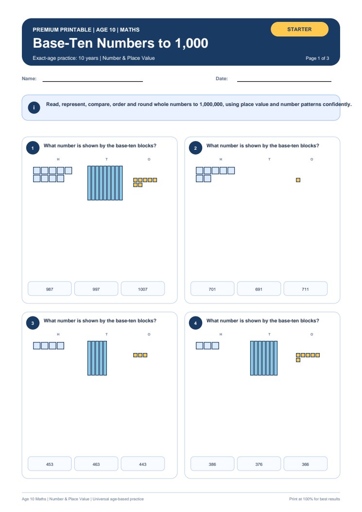 Base-Ten Numbers to 1,000 worksheet preview
