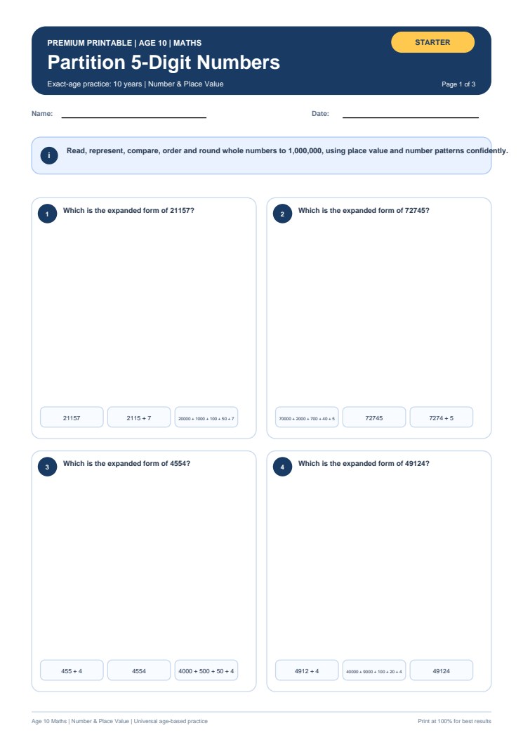 Partition 5-Digit Numbers worksheet preview