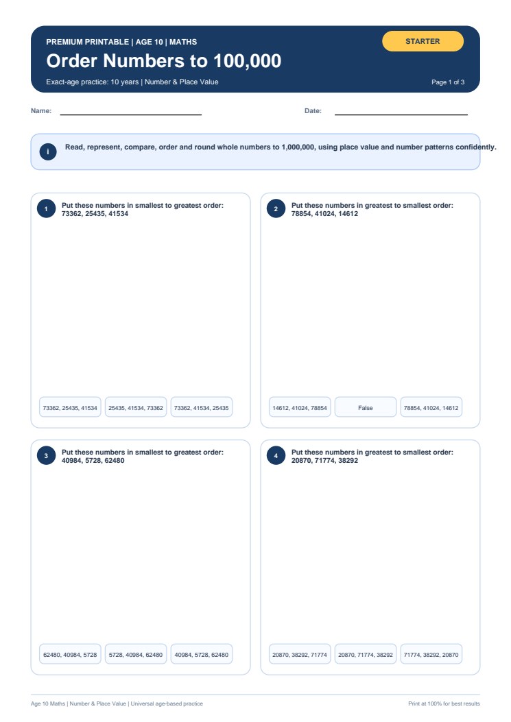 Order Numbers to 100,000 worksheet preview