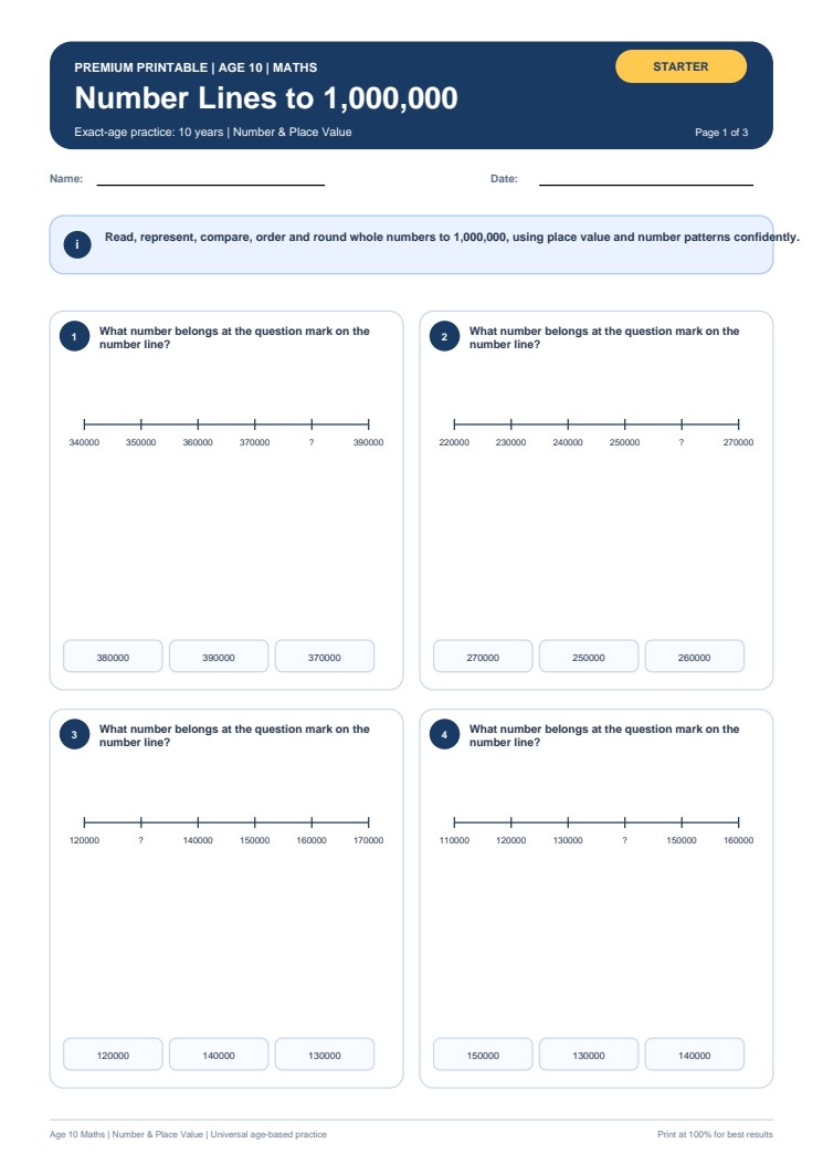 Number Lines to 1,000,000 worksheet preview