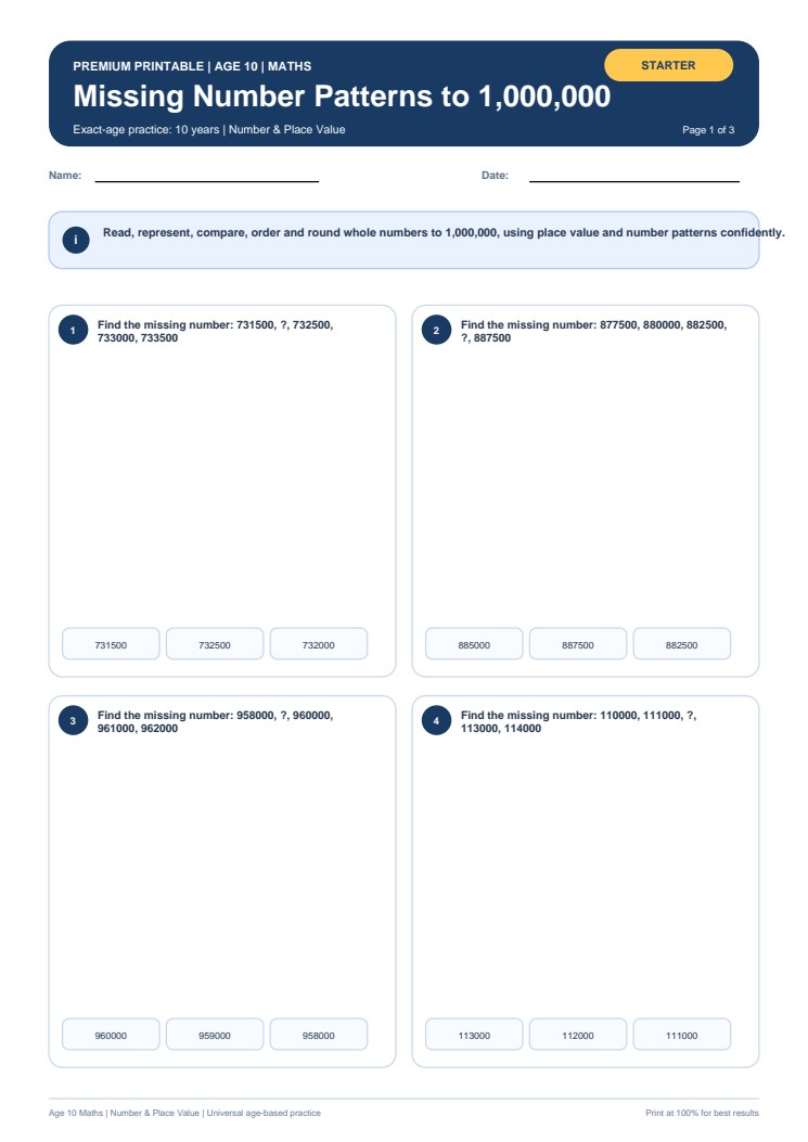 Missing Number Patterns to 1,000,000 worksheet preview