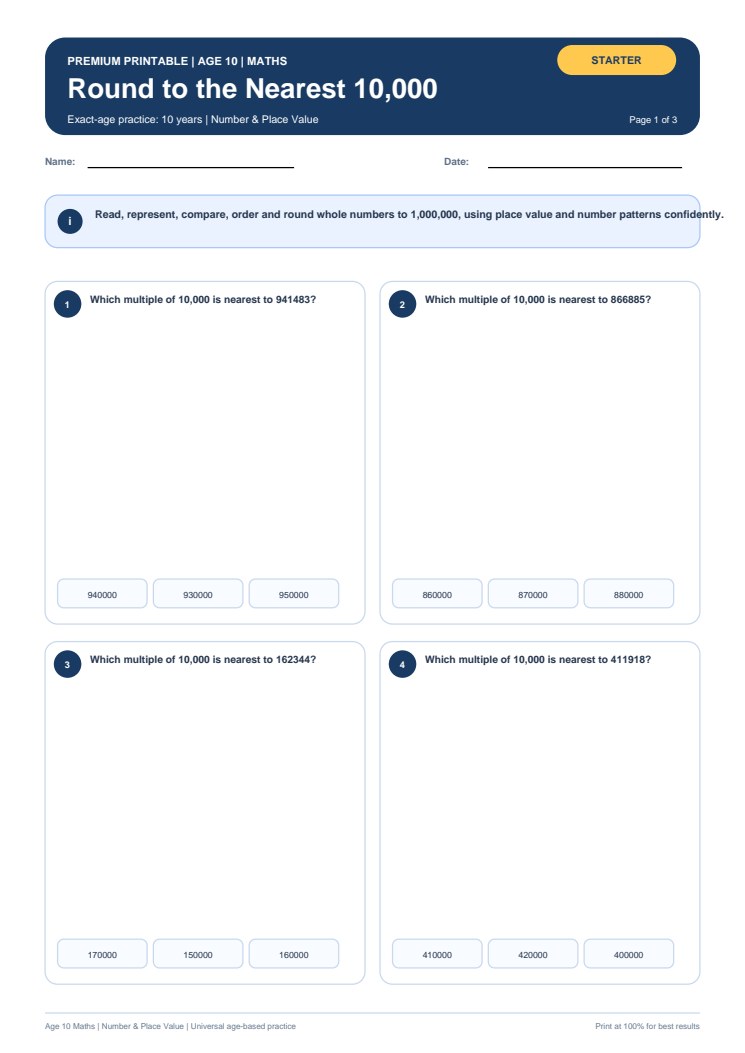 Round to the Nearest 10,000 worksheet preview