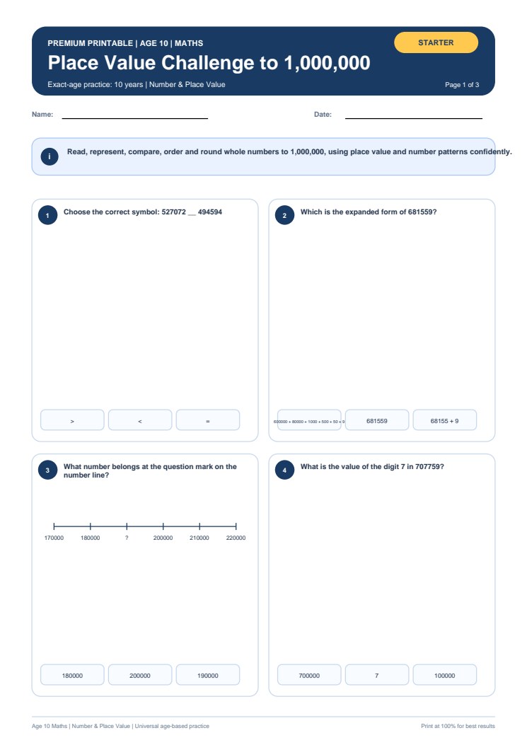 Place Value Challenge to 1,000,000 worksheet preview