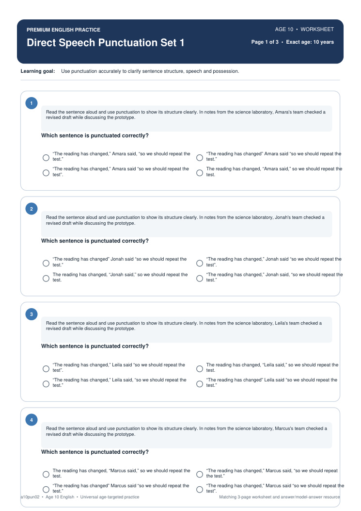 Direct Speech Punctuation Set 1 worksheet preview