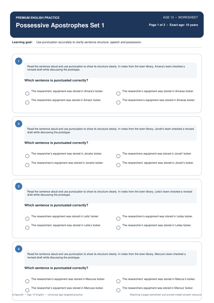 Possessive Apostrophes Set 1 worksheet preview