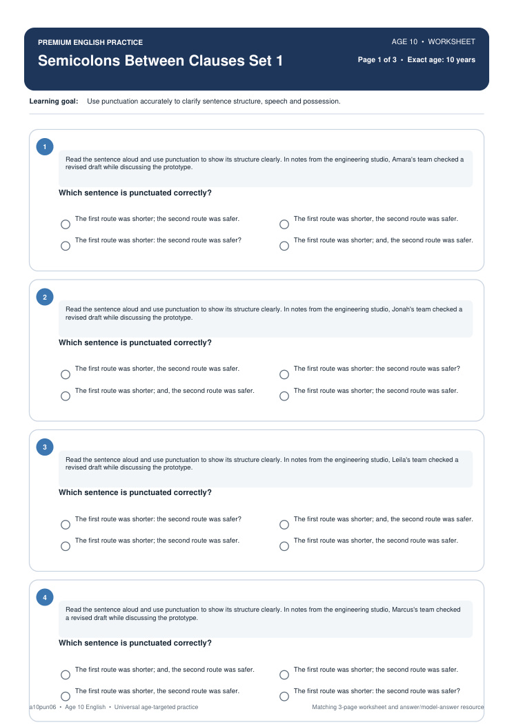 Semicolons Between Clauses Set 1 worksheet preview