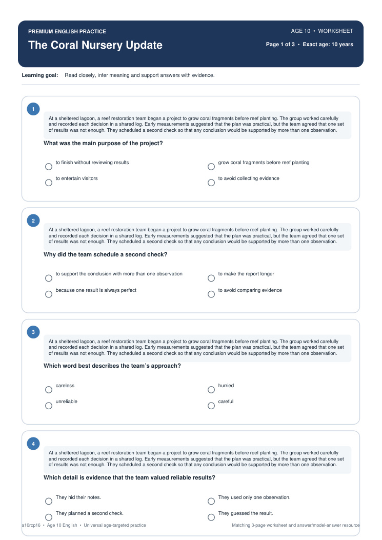 The Coral Nursery Update worksheet preview