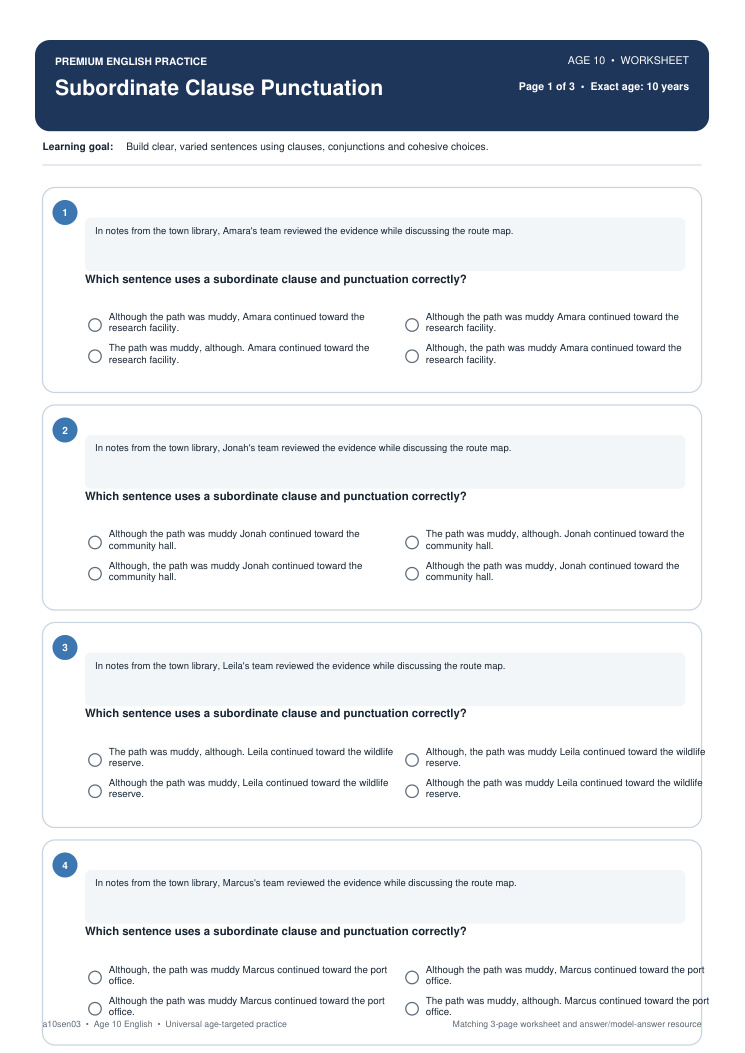 Subordinate Clause Punctuation worksheet preview