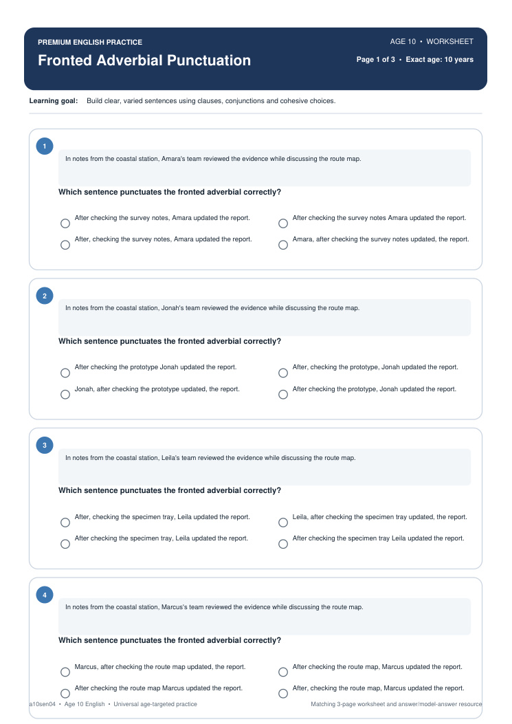 Fronted Adverbial Punctuation worksheet preview