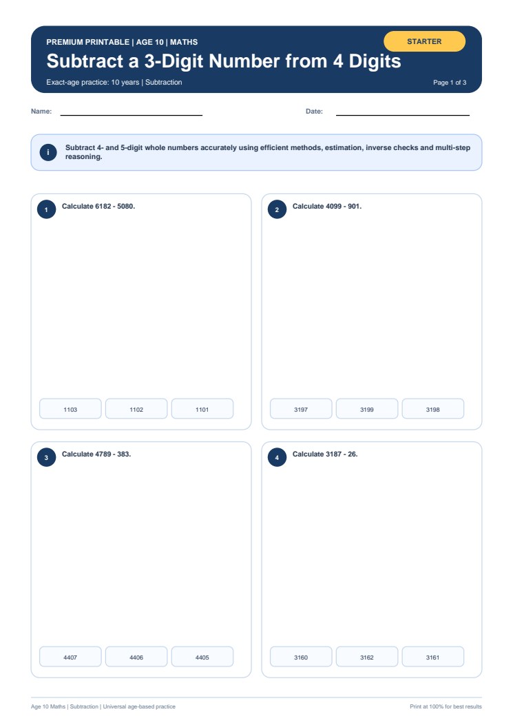 Subtract a 3-Digit Number from 4 Digits worksheet preview