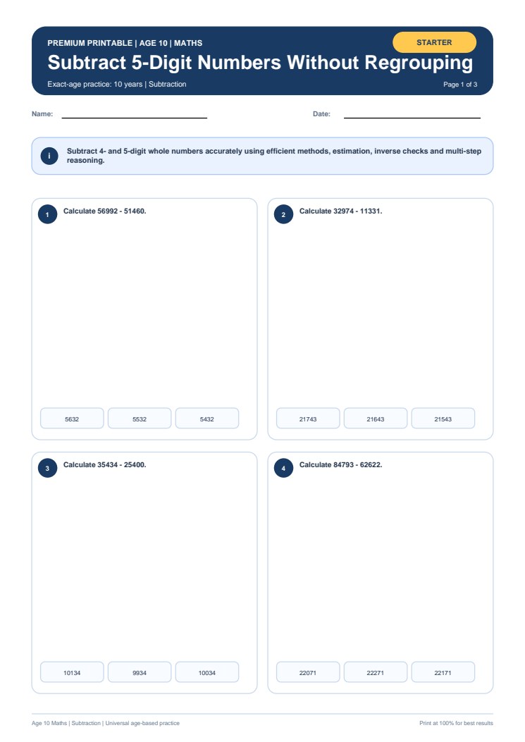Subtract 5-Digit Numbers Without Regrouping worksheet preview