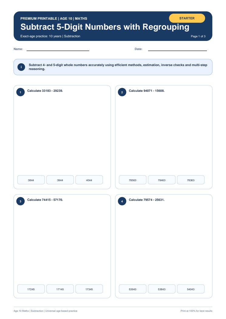 Subtract 5-Digit Numbers with Regrouping worksheet preview
