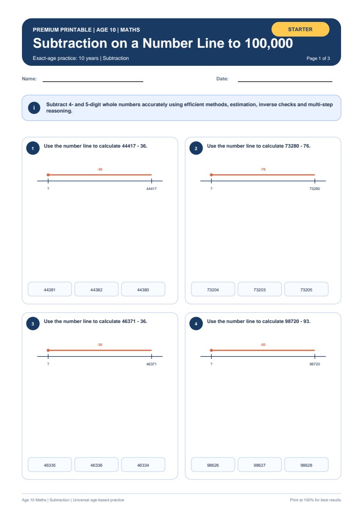 Subtraction on a Number Line to 100,000 worksheet preview