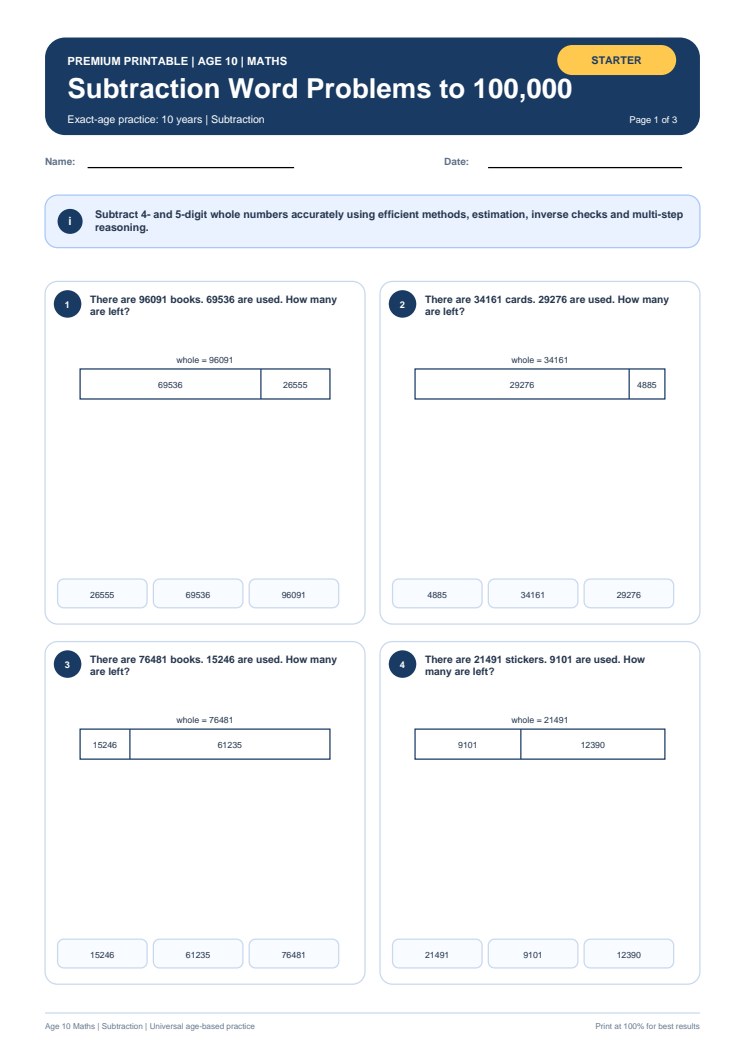 Subtraction Word Problems to 100,000 worksheet preview