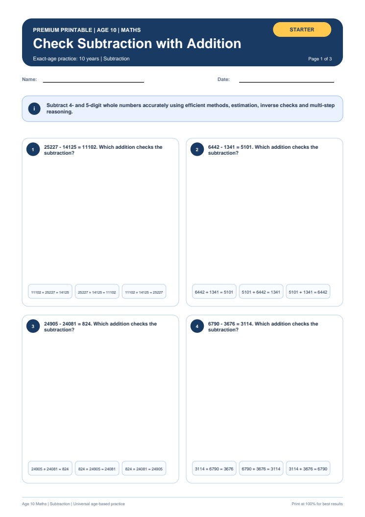Check Subtraction with Addition worksheet preview