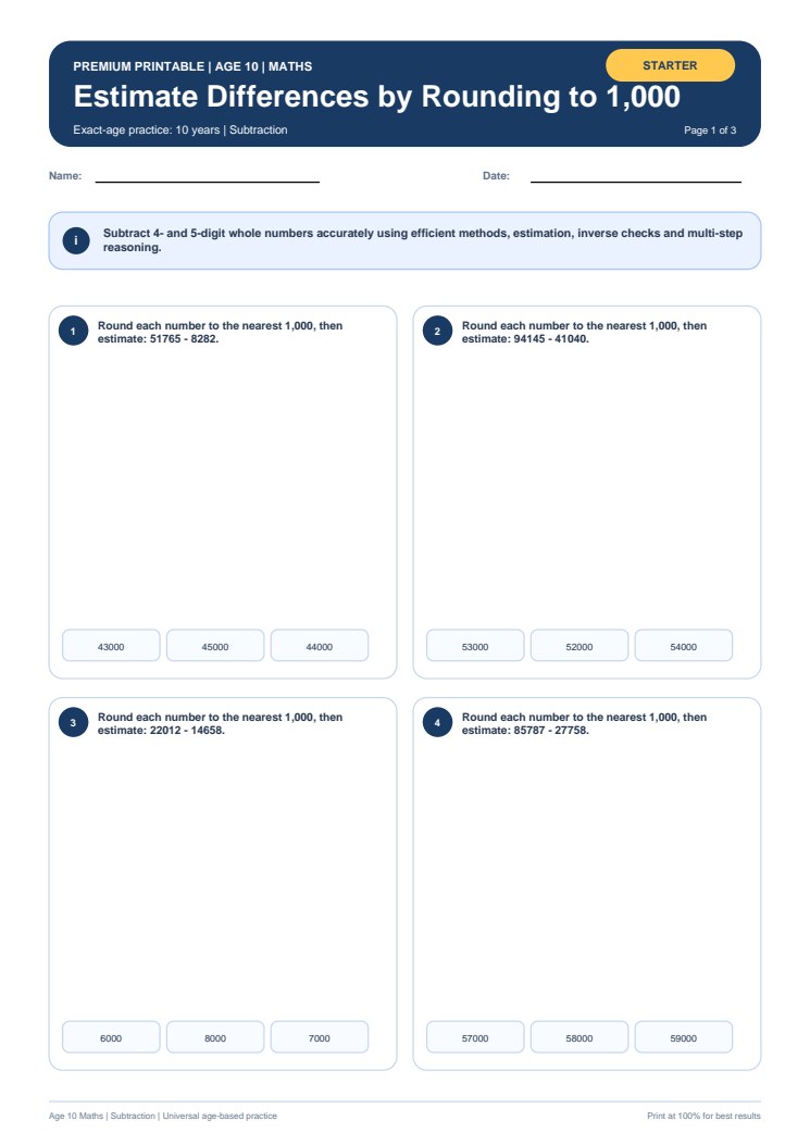 Estimate Differences by Rounding to 1,000 worksheet preview