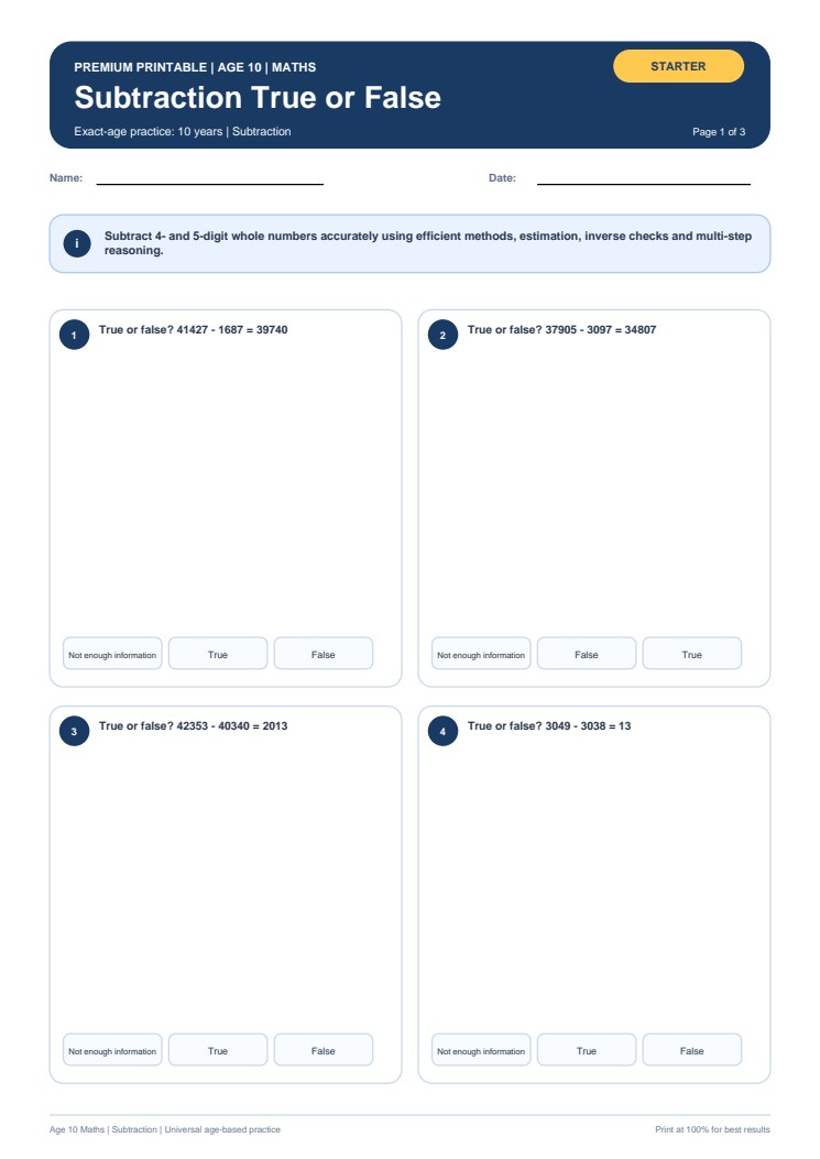 Subtraction True or False worksheet preview
