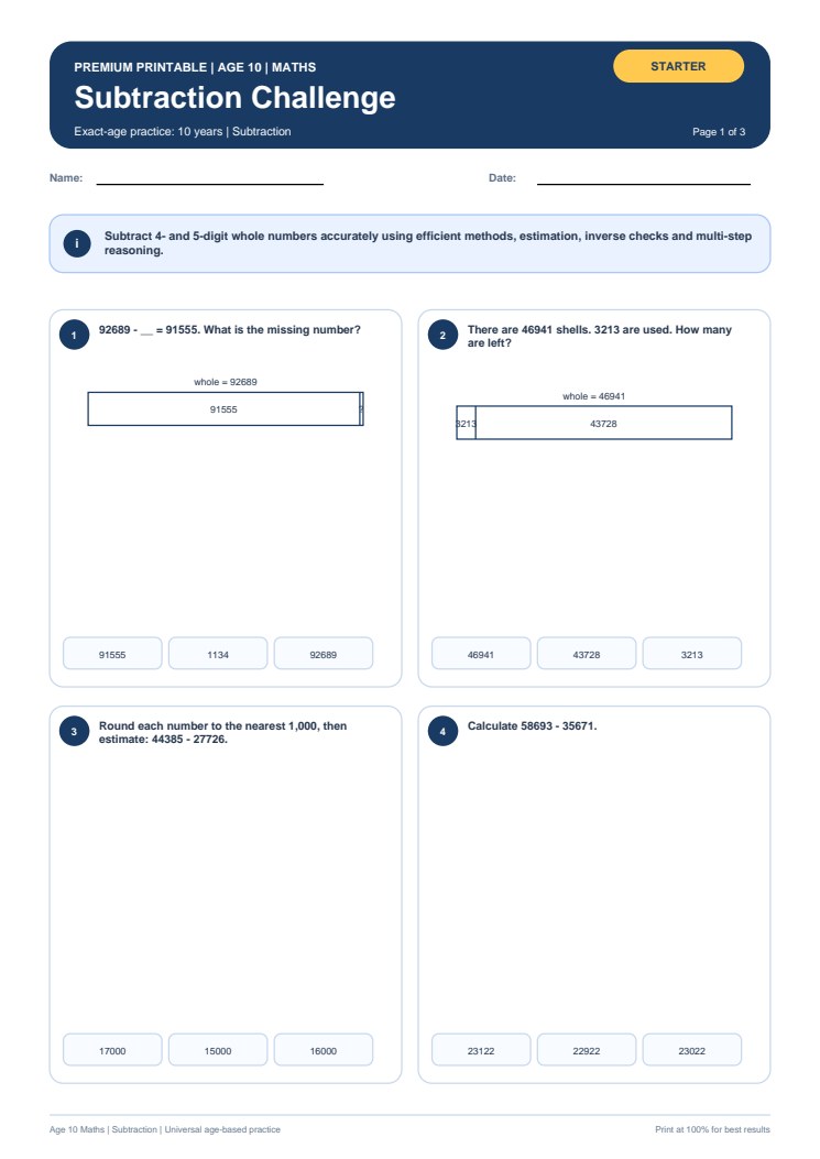 Subtraction Challenge worksheet preview