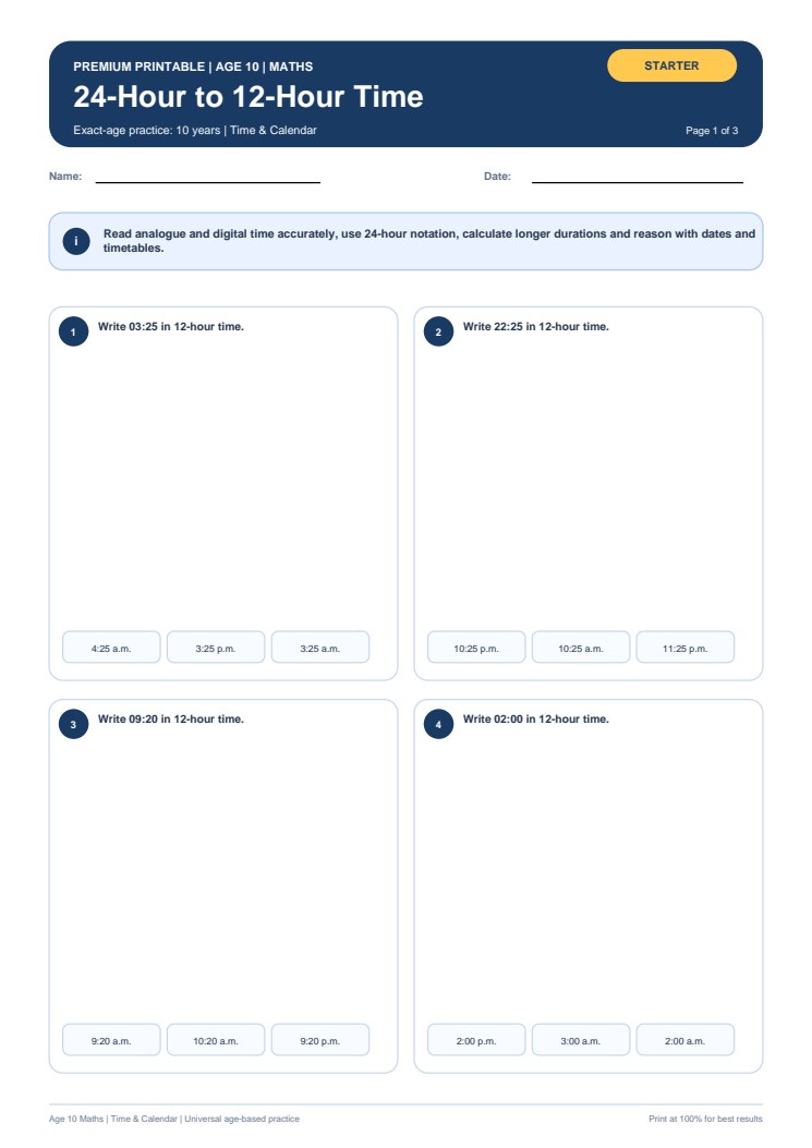 24-Hour to 12-Hour Time worksheet preview