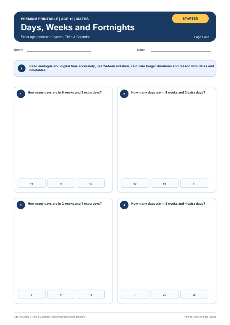 Days, Weeks and Fortnights worksheet preview