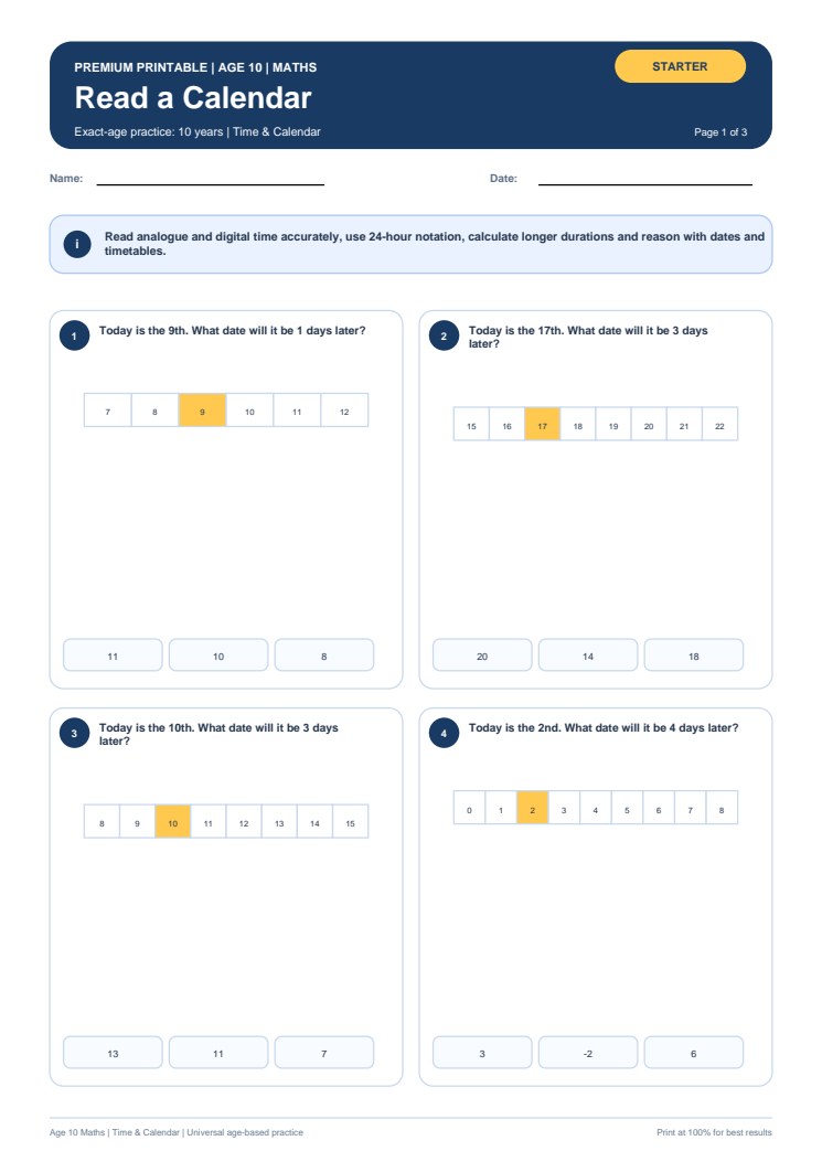 Read a Calendar worksheet preview