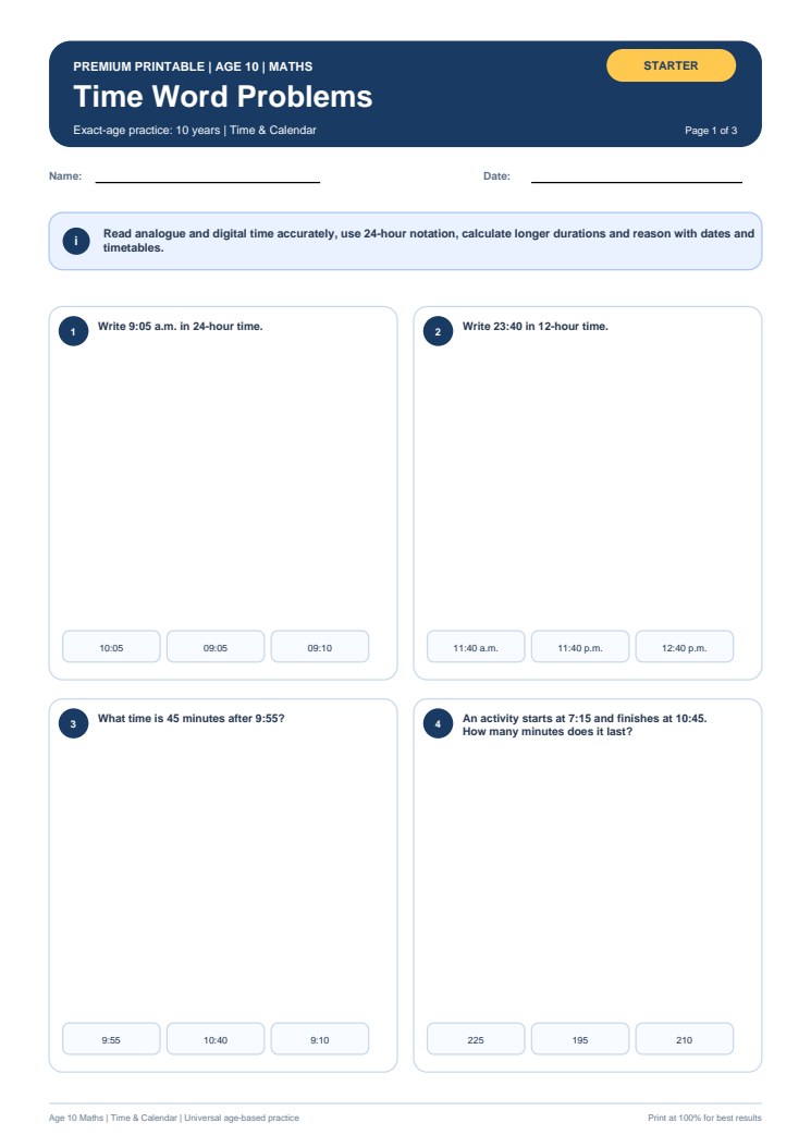 Time Word Problems worksheet preview