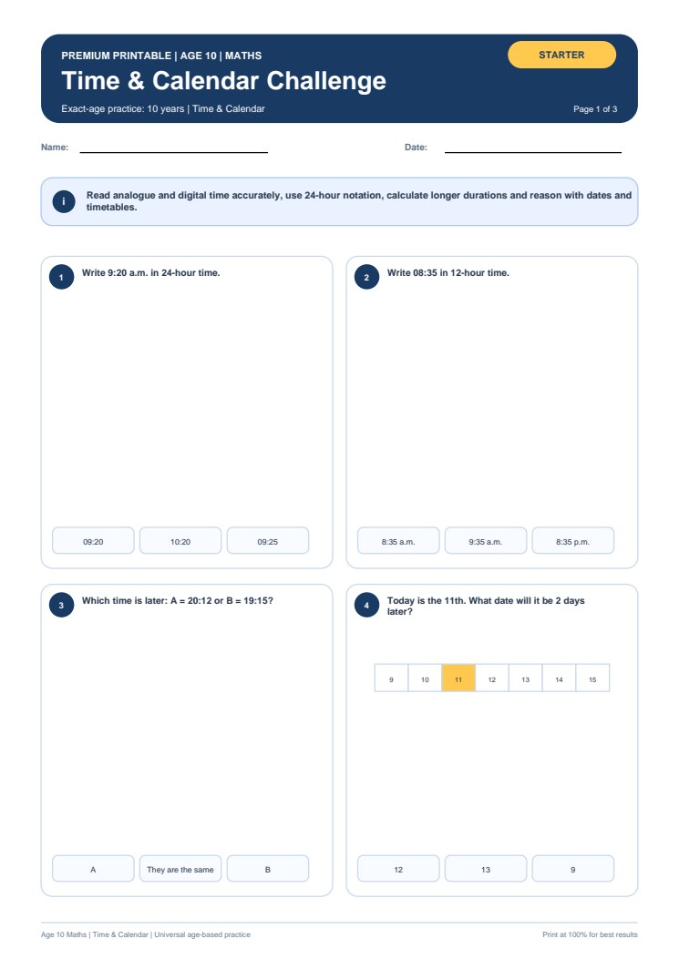 Time & Calendar Challenge worksheet preview