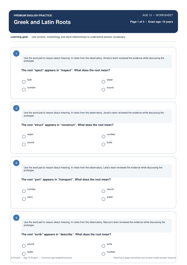 Greek and Latin Roots worksheet preview