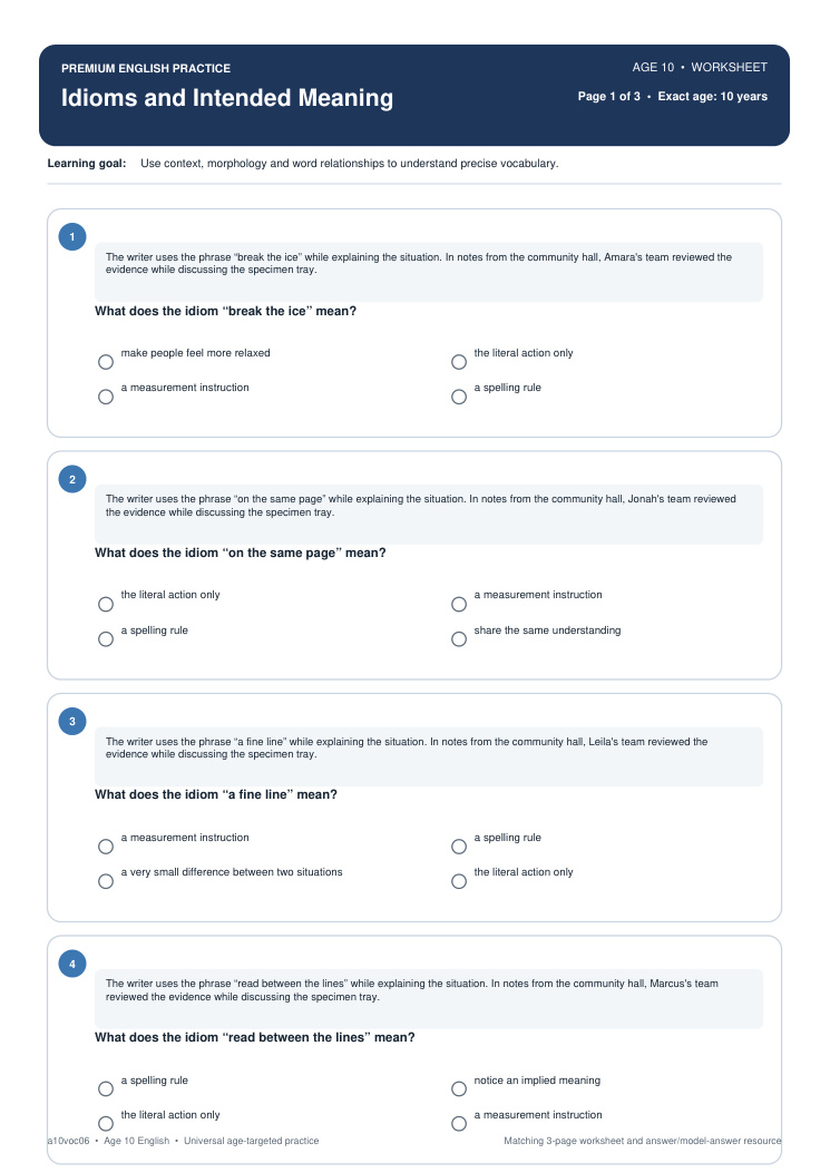 Idioms and Intended Meaning worksheet preview