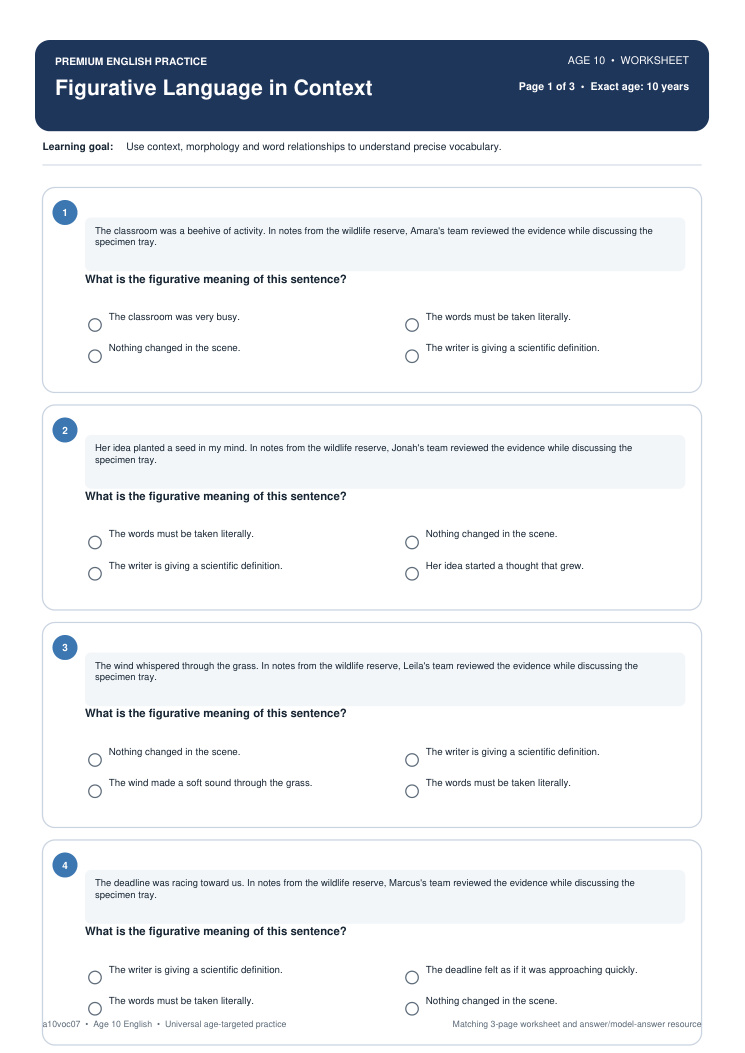 Figurative Language in Context worksheet preview