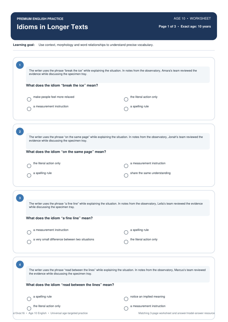 Idioms in Longer Texts worksheet preview