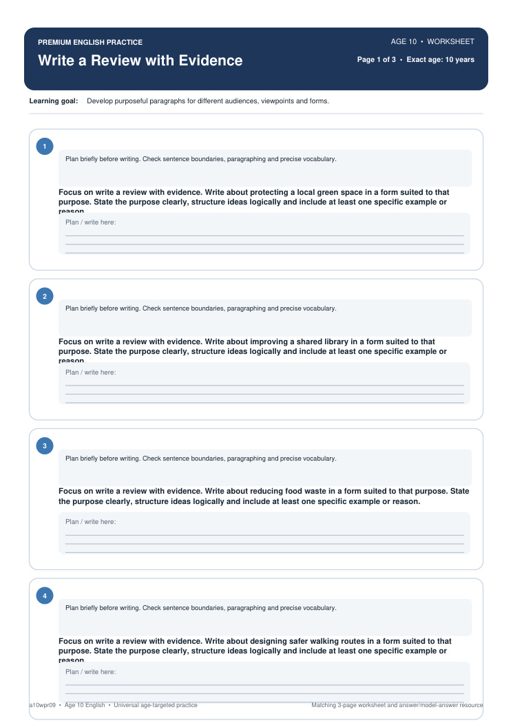 Write a Review with Evidence worksheet preview