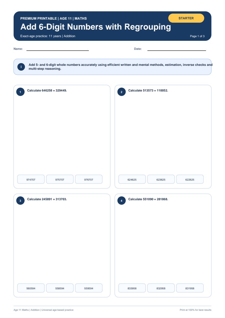 Add 6-Digit Numbers with Regrouping worksheet preview