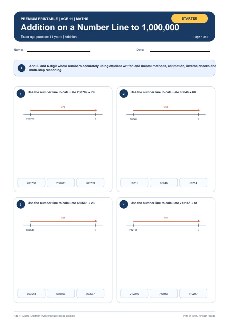 Addition on a Number Line to 1,000,000 worksheet preview
