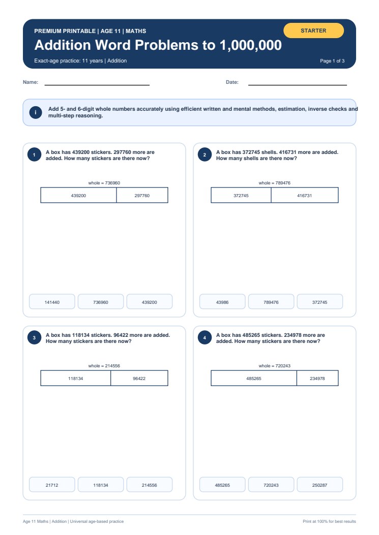Addition Word Problems to 1,000,000 worksheet preview