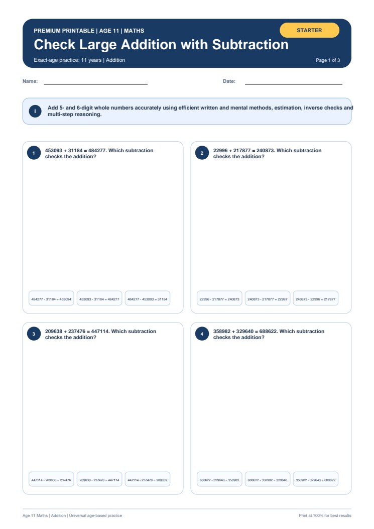Check Large Addition with Subtraction worksheet preview