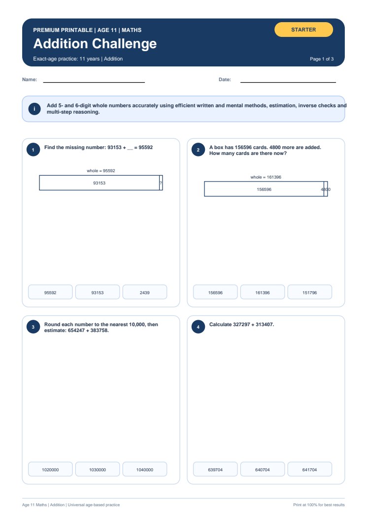 Addition Challenge worksheet preview