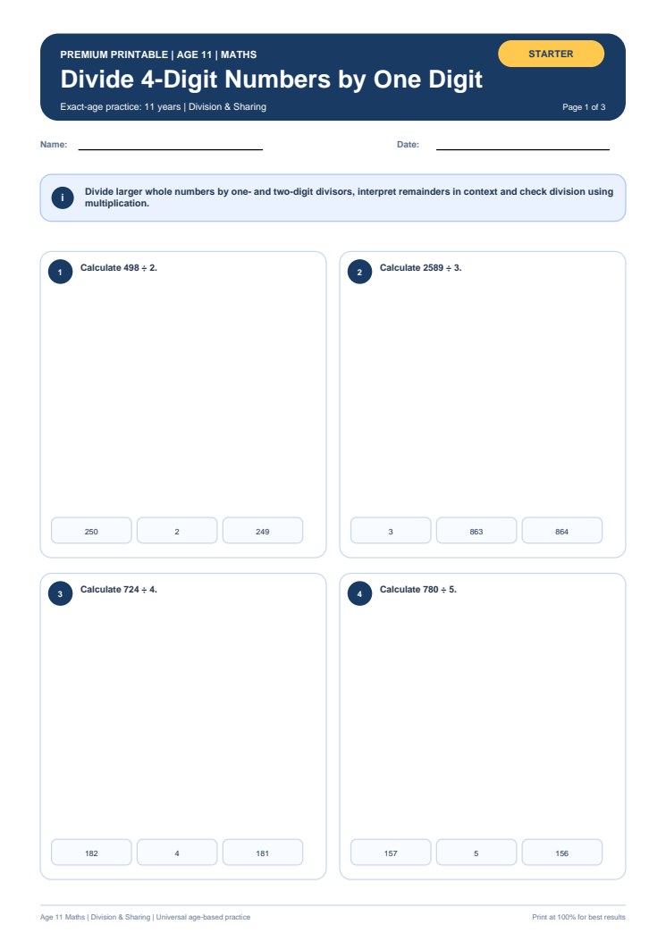 Divide 4-Digit Numbers by One Digit worksheet preview