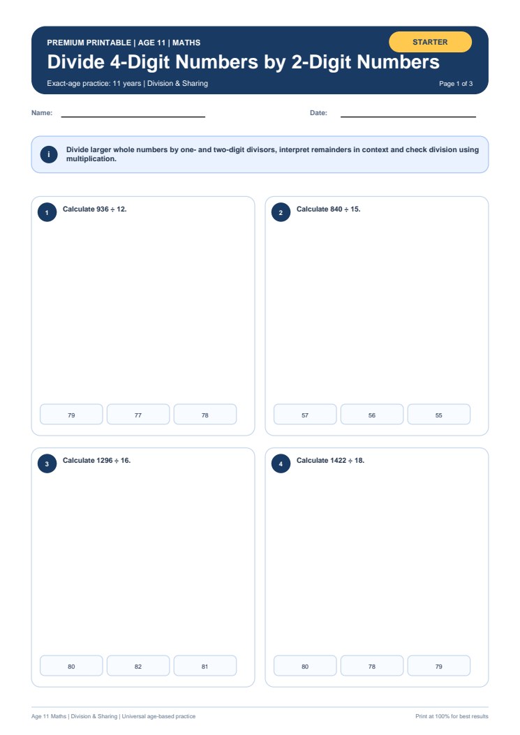 Divide 4-Digit Numbers by 2-Digit Numbers worksheet preview
