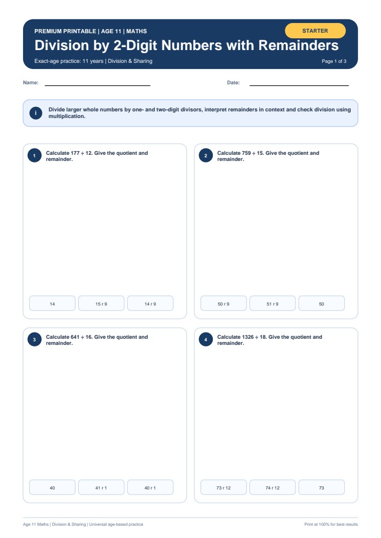 Division by 2-Digit Numbers with Remainders worksheet preview