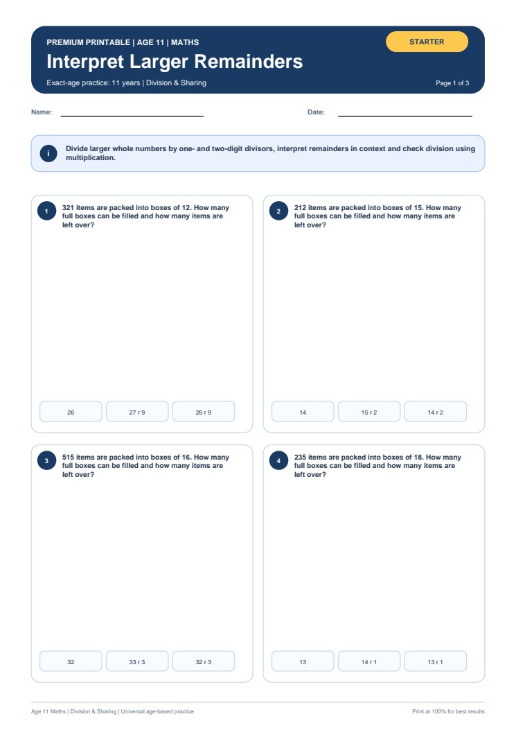 Interpret Larger Remainders worksheet preview