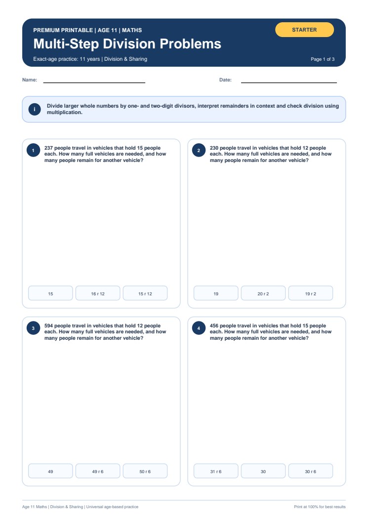 Multi-Step Division Problems worksheet preview