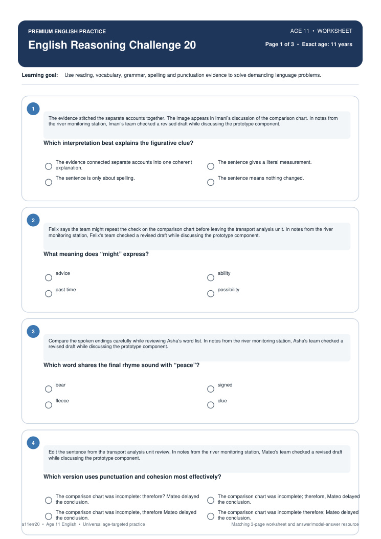 English Reasoning Challenge 20 worksheet preview
