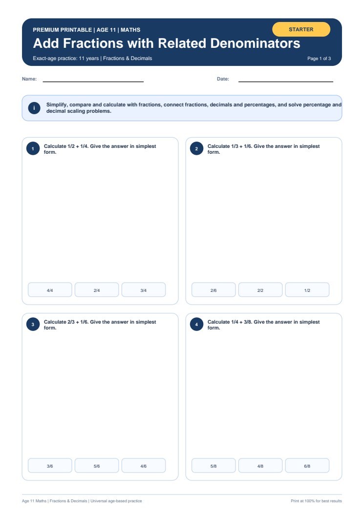 Add Fractions with Related Denominators worksheet preview
