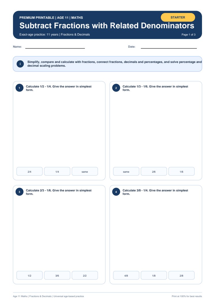 Subtract Fractions with Related Denominators worksheet preview
