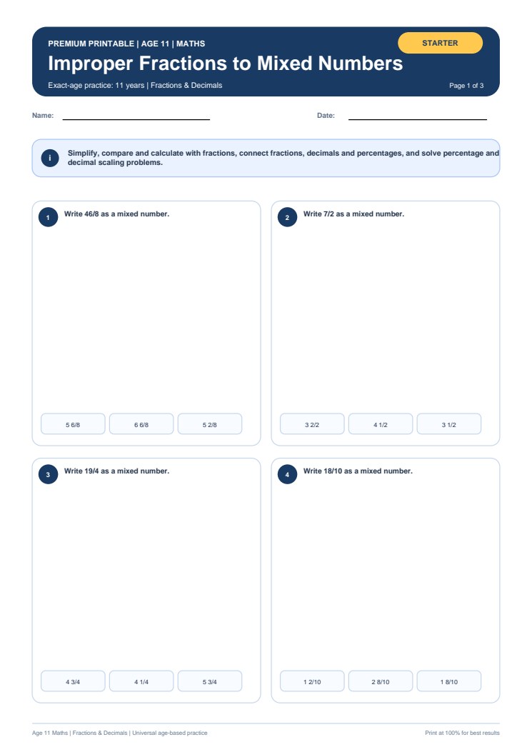 Improper Fractions to Mixed Numbers worksheet preview