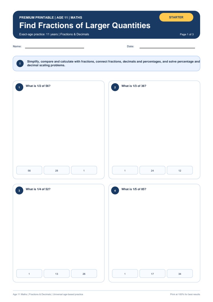 Find Fractions of Larger Quantities worksheet preview