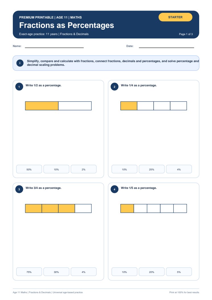 Fractions as Percentages worksheet preview