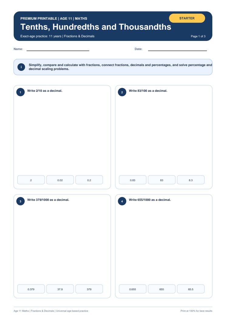 Tenths, Hundredths and Thousandths worksheet preview